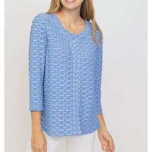 Habitat Blue White Wave Pattern Textured Knit 3/4 Sleeve Top Women's Size S